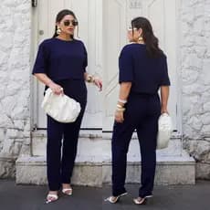 Conjunto feminino Blusa Social Cropped Manga Curta Feminino Sensual + Calça Bolso Falso Eterna