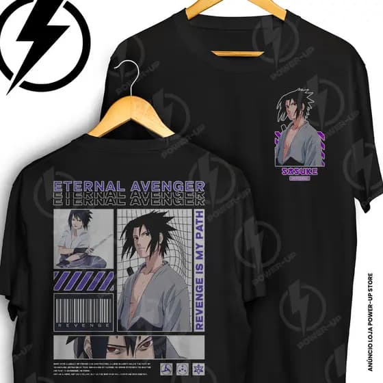 Camiseta Naruto Sasuke Uchiha Ninja Avenger Frente E Verso Blusa Camisa 100% Algodão