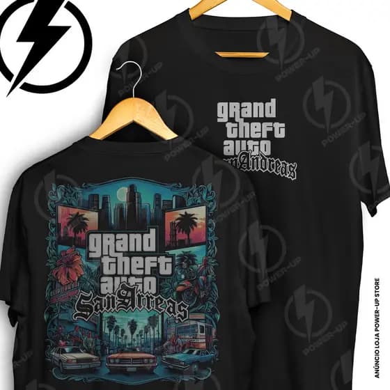 Camiseta Gta San Andreas Grand Theft Auto Jogo Frente E Verso Blusa Camisa 100% Algodão