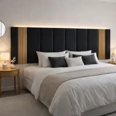Kit Cabeceira Estofada Modular + Ripado MDF Freijó Autocolante Cama Solteiro - Casal - Queen - King - Envio Full