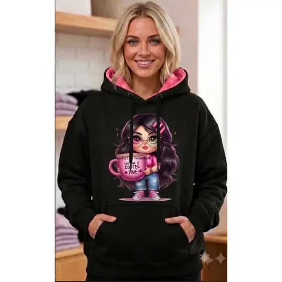 Moletom Feminino Casual Flanelado Estampa Menina Geek Kawaii Coffee