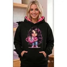 Blusa Moletom Feminino Canguru Com Capuz Estampa Menina Café Pink Tumblr Geek Casaco Inverno Confortável
