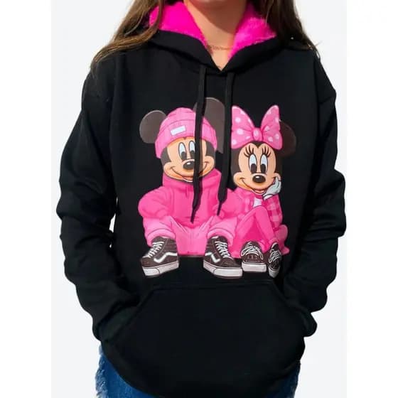 Moletom Canguru Mickey Minnie Capuz Pelúcia Rosa Blusa De Frio Luxo