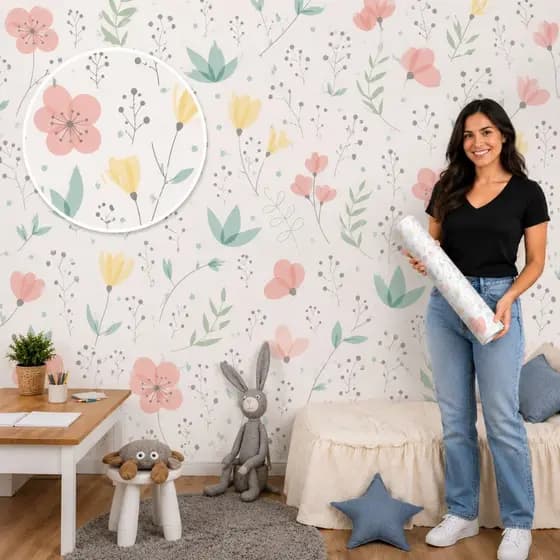 Papel de Parede Lavável Vinil Autocolante Floral Soft para Quarto Menina