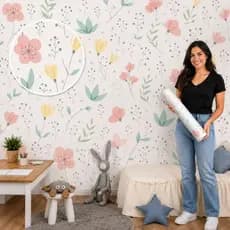 Papel de Parede Lavável Vinil Autocolante Floral Soft para Quarto Menina