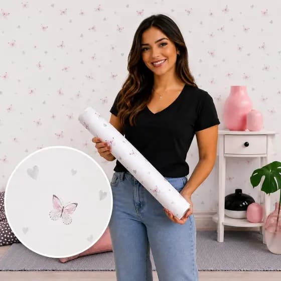Papel de Parede Lavável Vinil Autocolante Borboletas para Quarto Menina Delicado