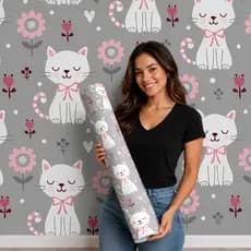 Papel de Parede Lavável Vinil Autocolante Gatinhos Cute para Quarto Menina