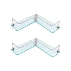 Kit 2 Porta Shampoo Canto em L Cromado Prateleira de vidro Organizador de Box Para Banheiro