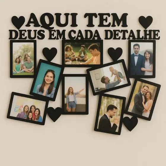 Painel Quadro Mural de Fotos “Aqui Tem Deus” em MDF – Porta Retrato para 9 Fotos Decoração Parede