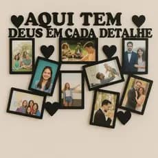 Painel Quadro Mural de Fotos “Aqui Tem Deus” em MDF – Porta Retrato para 9 Fotos Decoração Parede