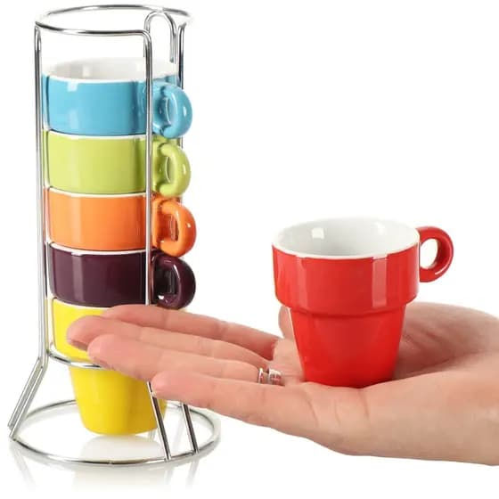 Kit 6 Xícaras Café Chá Canecas 50ml Cerâmica com Suporte Inox
