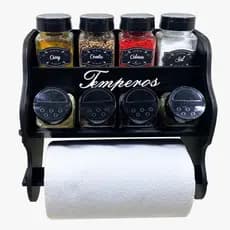 Porta Temperos e Condimentos kit 08 potes quadrado com Tampa Dosadora +Suporte papel toalha+adesivos