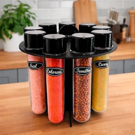 Porta Temperos Condimentos galheteiro 10 tubetes organizador e decoração cozinha mesa + adesivos