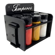 Porta Temperos/Condimentos MDF kit 06 potes c/ Tampa Dosadora + Suporte
