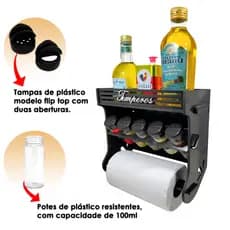 Porta Temperos/Condimentos Cozinha MDF kit 05 potes Tampa Dosadora + Suporte Papel Toalha + Adesivos