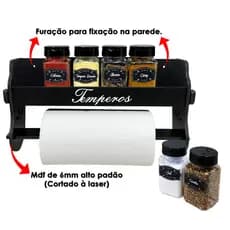 Porta Temperos/Condimentos kit 06 potes quadrado c/ Tampa Dosadora + Suporte papel toalha + Adesivos