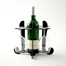 Adega de Mesa Porta Vinho Licor cor Preta com Suporte 4 Taças Moderna MDF