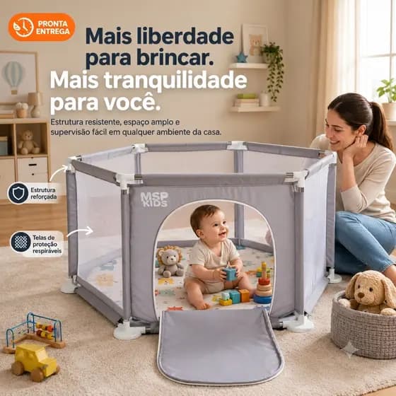 Cercadinho Chiqueirinho Bebê Portátil Grande Grade Proteção Infantil Cinza MSP Kids
