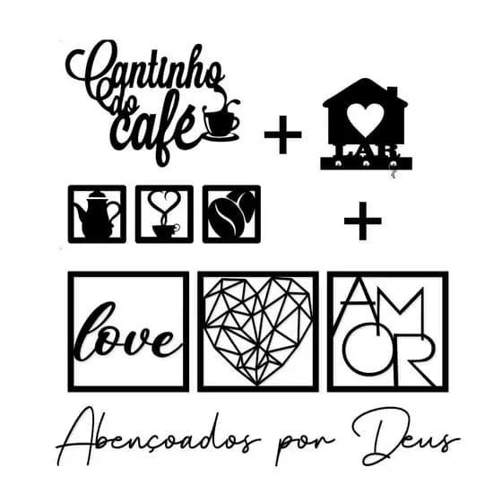 Kit 6 Placas Decorativas + 2 Letreiros Cantinho do Café e Abençoados Por Deus + Porta Chaves Lar