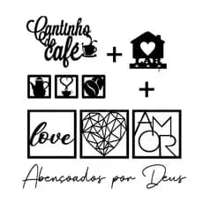 Kit 6 Placas Decorativas + 2 Letreiros Cantinho do Café e Abençoados Por Deus + Porta Chaves Lar