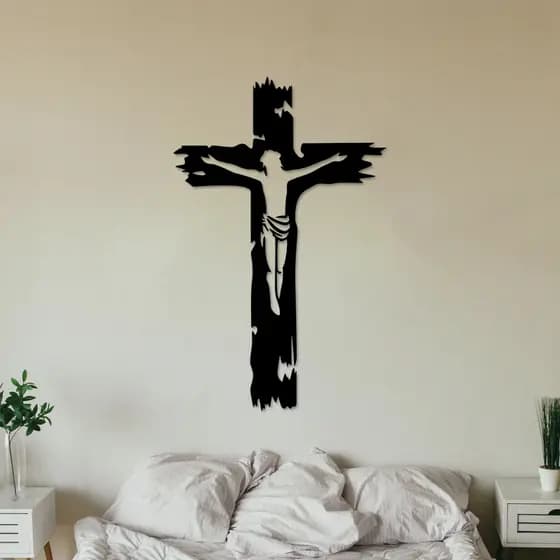 Quadro Decorativo Vazado Jesus Crucifixo MDF 3mm Preto Fosco
