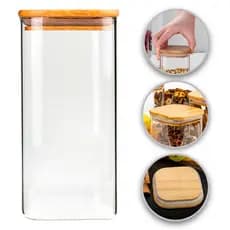 pote Vidro Com Tampa De Bambu 1.3 Litro para Hermetico mantimentos Cozinha 1300ml quadrado Grande