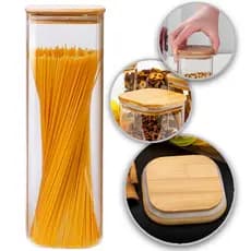 pote de vidro 2 litros Quadrado Tampa De Bambu Grande porta mantimentos Espaguete Macarrão 2000ml ml