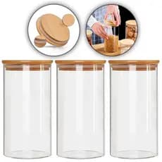 Kit 3 Potes Vidro 750ml Com Tampa De Bambu Redondo pote para mantimentos hermético jogo 750 ml
