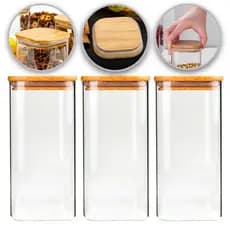 Kit 3 Potes 1300ml Vidro Com Tampa De Bambu pote Grande para mantimentos Cozinha 1.3 litros quadrado