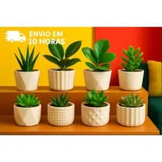 KIT 8 UNIDADES DE VASINHO DECORATIVO DE GESSO, CACTUS E PLANTAS ARTIFICIAS.