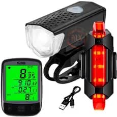 Velocímetro com Fio + Lanterna LED Frontal 300 Lumens + Sinalizador Traseira Recarregável USB O MAIS COMPLETO