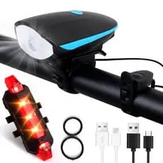 Kit Farol Bike Led Buzina Recarregável USB +  Sinalizador Traseiro