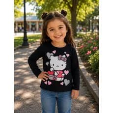 Blusa Infantil Feminina Manga Longa Hello Kitty Preta com Estampa de Corações