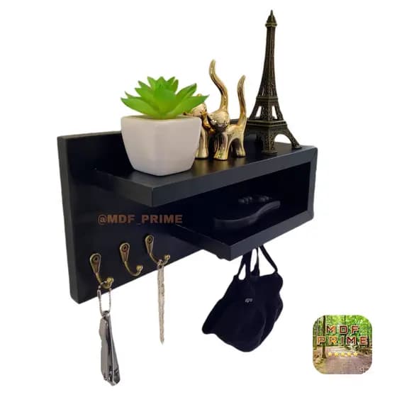 Suporte Porta Chaves Parede Preto Multiuso Organizador Decorativo Mdf Celular Cartas Controles Hall de Entrada