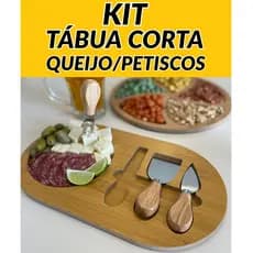 Tábua de Queijo Frios Frutas e Petiscos Bambu 4 em 1 com Faca Garfo Espátula