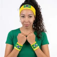 Faixa de Cabelo Brasil e 2 Munhequeiras Copa do mundo Futebol Kit Torcedor Acessórios Brasil Core