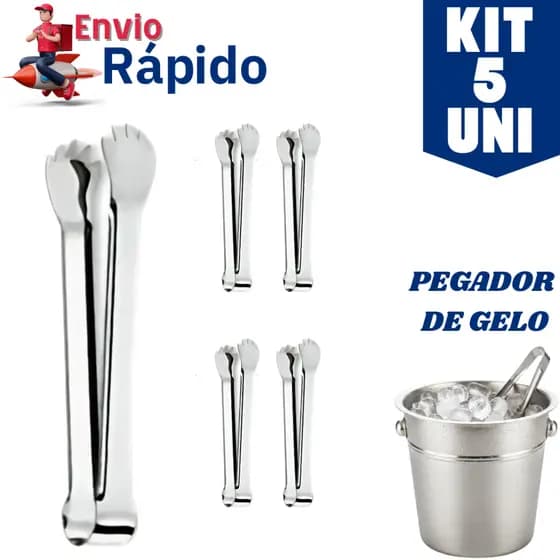 Kit 5,2 ou 1 Pegador Pegadores Aço Inox de Gelo 18.5x2.5cm Multiuso Carnes Petisco Gelo Drinks