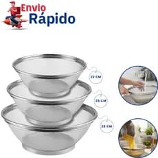 Cestas Inox Escorredor Multiuso 22, 25 e 28cm Para Lavar Alimentos Legumes Arroz Frutas Massas