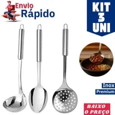 Utensílios Cozinha 3/1 Colher de Arroz Concha Feijão e Escumadeira Inox Linha Premium Alta Qualidade