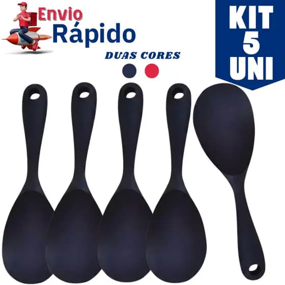 Jogo 5 Colher de Servir Silicone Arroz Utensílio Antiaderente Multiuso Preparar Não Risca Panela