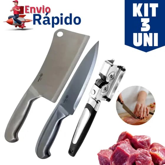 Kit 3 Faca 6 Polegadas, Amolador e Cutelo Inteiriço Profissional Aço Inox para Churrasco Açougue Cozinha