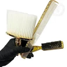 Kit Dourado: Escovinha Disfarce + Pente de Metal + Espanador Macio - Barbearia