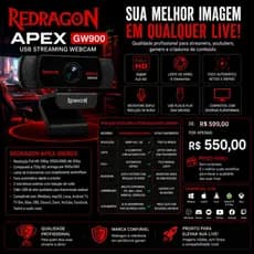 REDRAGON APEX GW900 – Webcam Full HD 1080p | Autofoco | Microfone Duplo | Ideal para Lives, Home Office e Streaming