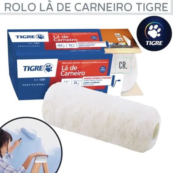 Rolo Lã de Carneiro Premium Tigre 23cm Para Pintura Profissional 1391 Rolo Para Pintar Parede e Teto