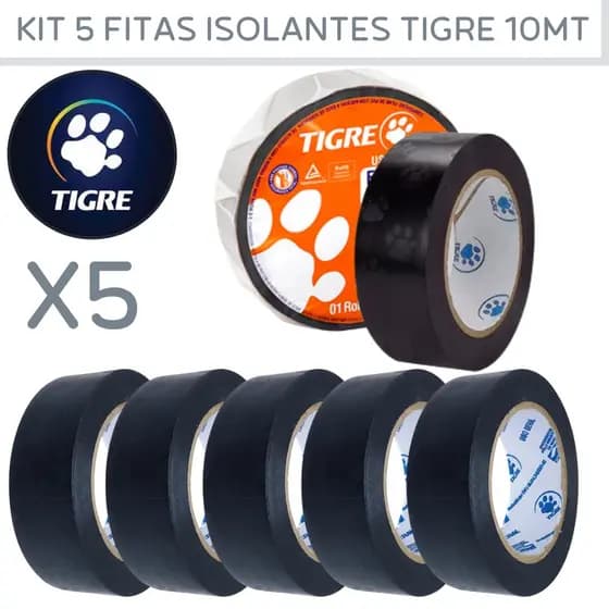 Fita Isolante 10 Metros Kit 5und AntiChamas Tigre Uso Geral Multiuso Preta Exelente Qualidade.