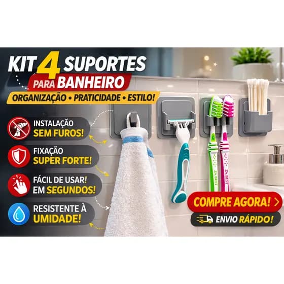 Kit 4 Suportes Multiuso para Banheiro | Organização Sem Furos