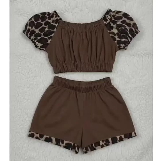 Conjunto Infantil Menina Blogueirinha Marrom Oncinha Cropped E Short Premium Verão