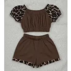 Conjunto Infantil Menina Blogueirinha Marrom Oncinha Cropped E Short Premium Verão