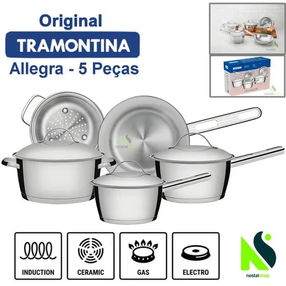 Jogo de Panelas Tramontina Inox Allegra 5 Peças Fundo Triplo Indução Caçarola Frigideira Tramontina