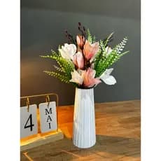 Vaso Alto 3D canelado, gesso, com flores artificiais luxo
